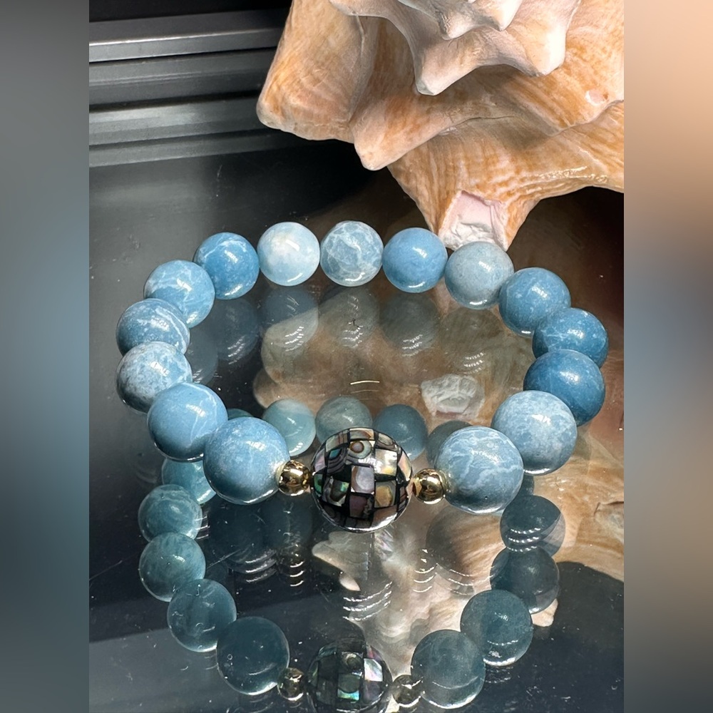 LARIMAR+ ABALONE NATURAL STONES BRACELET size 7” - Picture 3 of 11